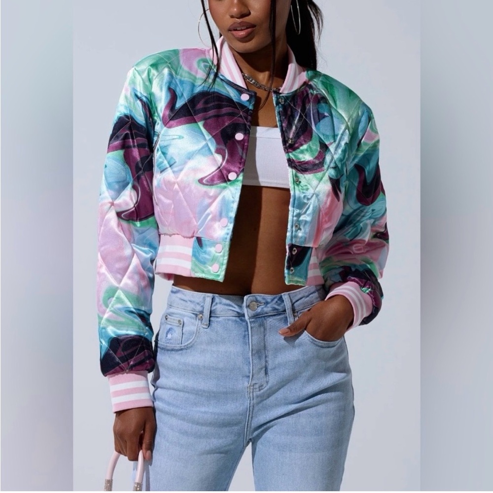 AKIRA Multicolor Satin Bomber Jacket - Picture 2 of 5